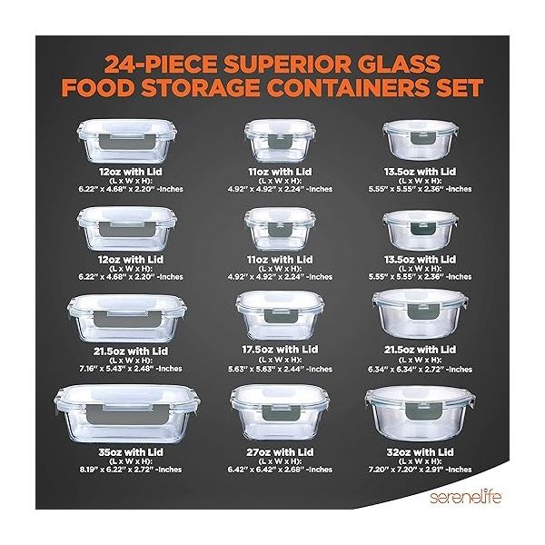 SereneLife 24-Piece Food Glass Storage Containers - Superior Glass Food Storage Set, Gray