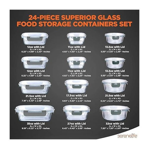 SereneLife 24-Piece Food Glass Storage Containers - Superior Glass Food Storage Set, Gray