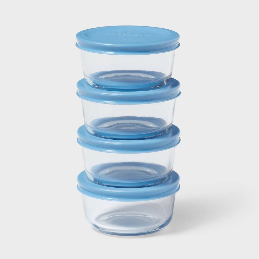 8pc (set of 4) 1c Round Glass Food Storage Container Set Blue - Room Essentials™