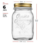 Bormioli Rocco Quattro Stagioni 17oz Glass Preserving Jars, Set of 6 - Wide Mouth Airtight, Twist Top Mason Jars