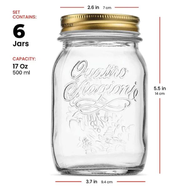 Bormioli Rocco Quattro Stagioni 17oz Glass Preserving Jars, Set of 6 - Wide Mouth Airtight, Twist Top Mason Jars