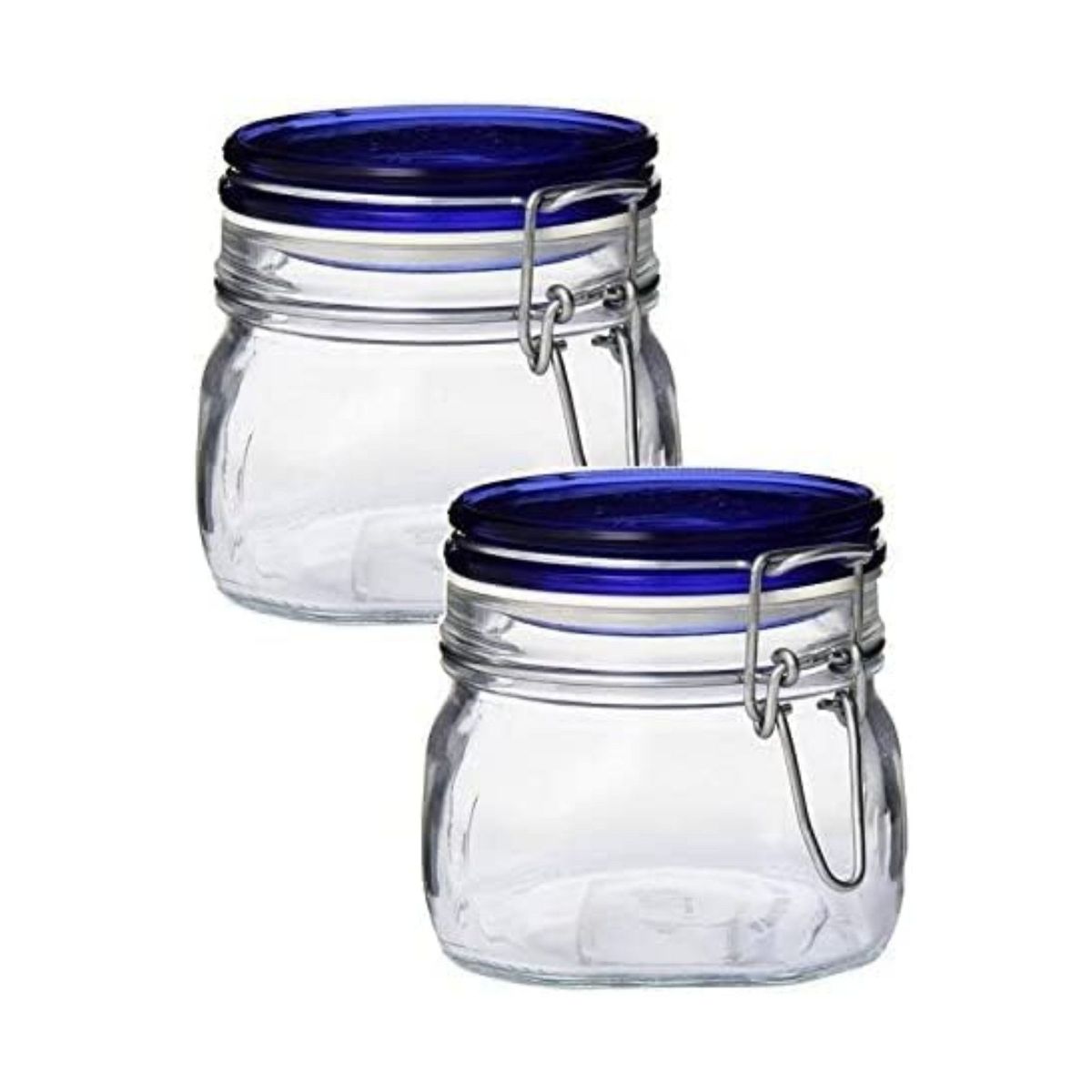 Bormioli Rocco Fido Glass Canning Jars, Airtight Storage Containers with Blue Lids – 50.75 oz Clamp Lock Canisters – Italian Made Glass (Set of 2)