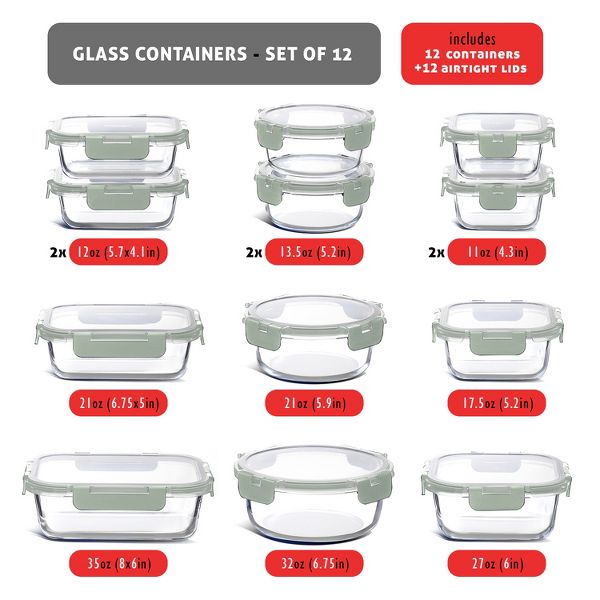 JoyTable 12-Pack Glass Food Storage Containers with Lids, Reusable Glass Food Containers with Leakproof Snap Lock Lids