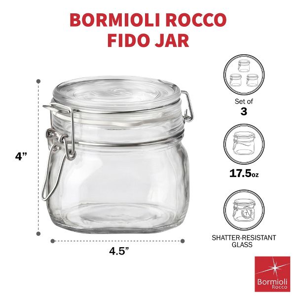 Bormioli Rocco 17.5 oz Fido Glass Storage Jars - Airtight Clamp Lid, BPA-Free - Set of 3