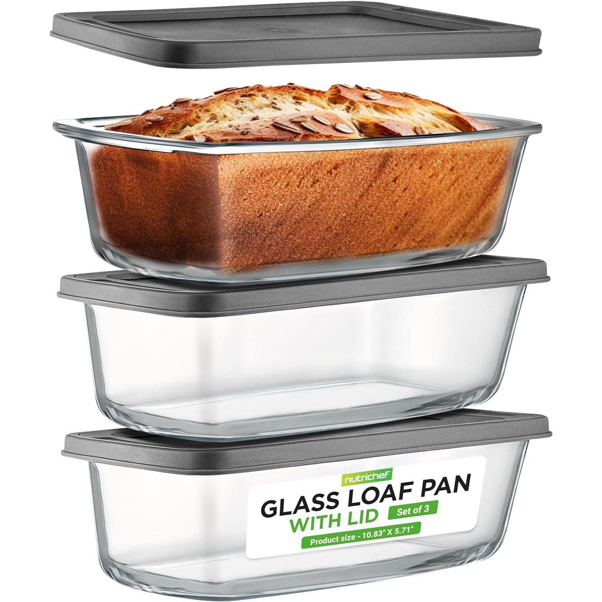 NutriChef 3 Sets High Borosilicate Glass Loaf Pan with Cover - Gray